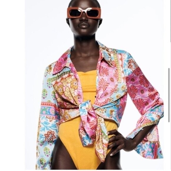 Zara Patchwork Printed Button Up Shirt Long Sleeve Colorful Womens Medium Satin - Picture 3 of 12